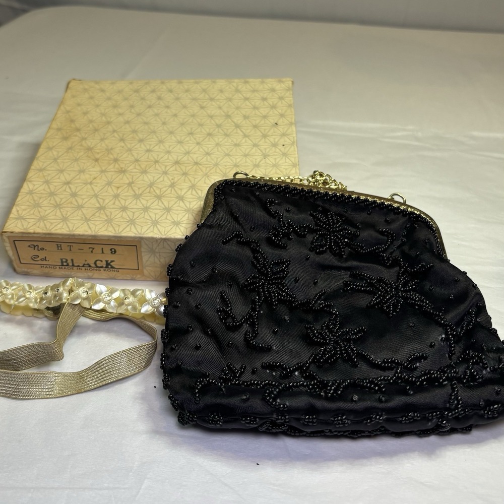 Vintage Walborg Beaded Black Handmade Handbag 50s Clutch Purse Gold Chain W/ Box